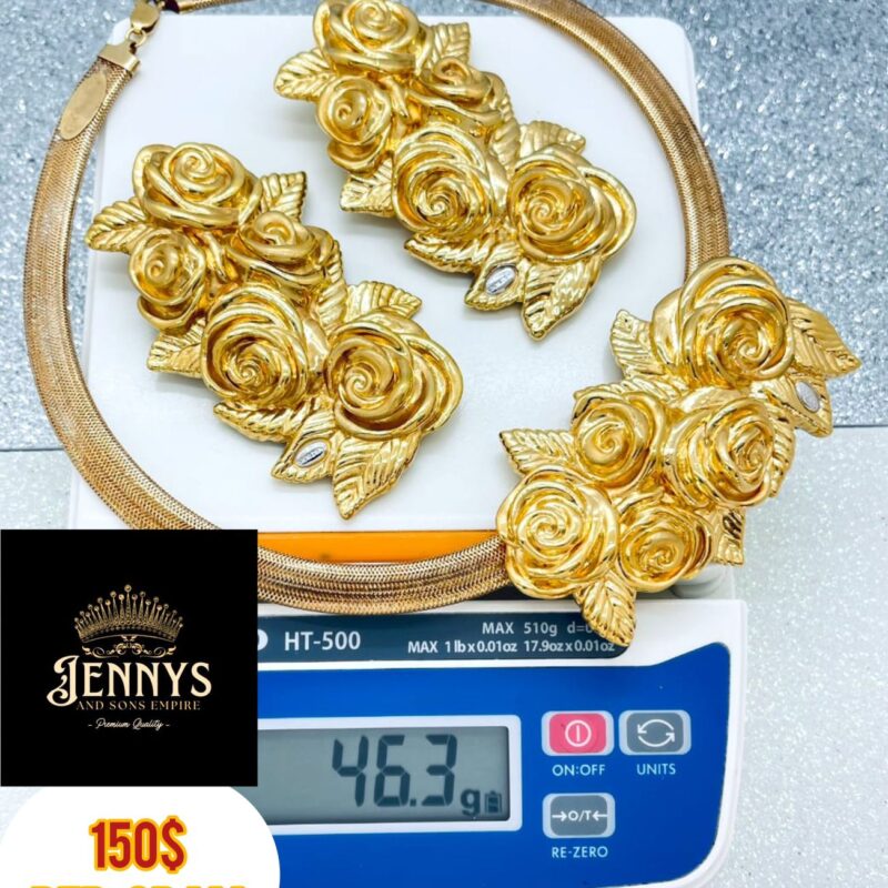 Sculptural Rose Cluster Snake Chain Necklace and Earrings Set