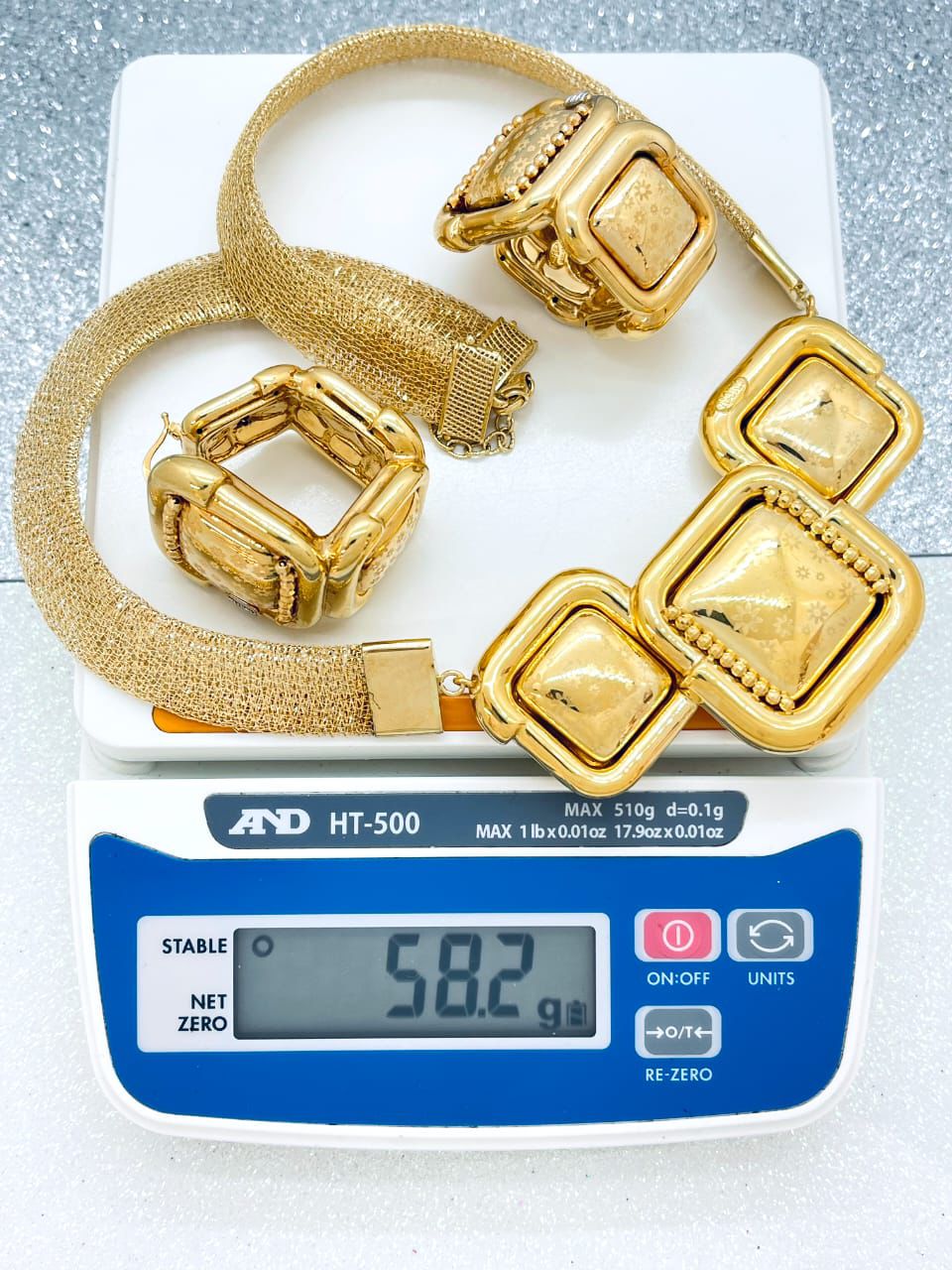 Statement Mesh Necklace, Bracelet, and Ring Set with Square Panels