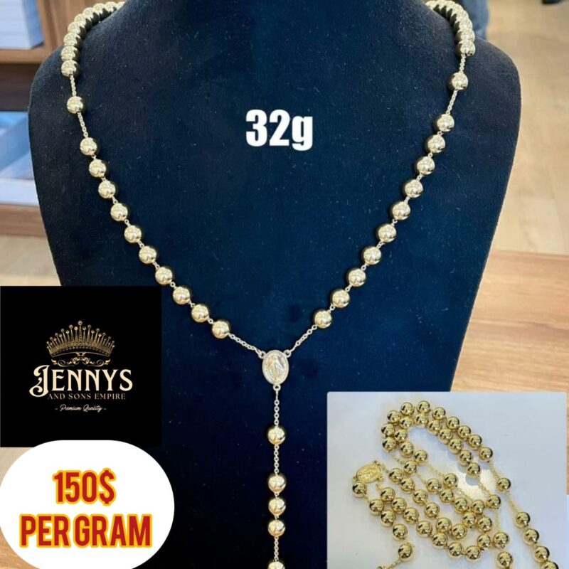 Solid Gold Beaded Rosary Necklace