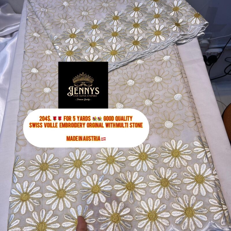 Swiss Voile - White & Gold Daisy Motif