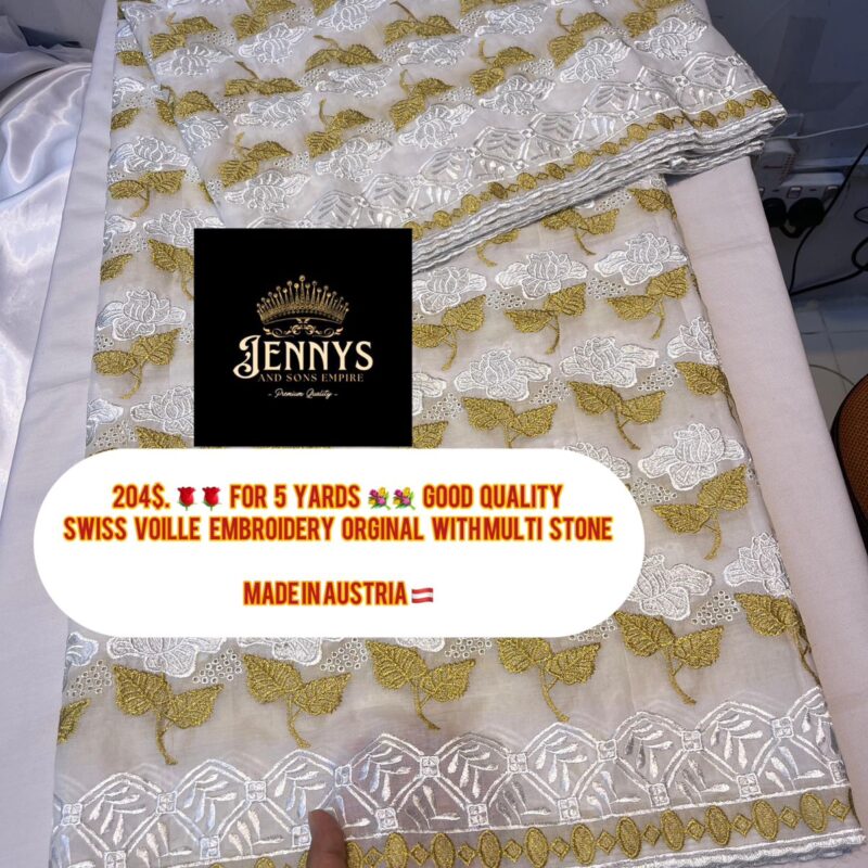 Swiss Voile - White & Gold Leaf Motif