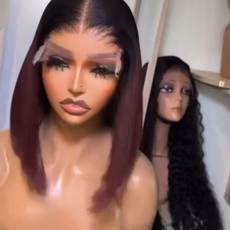 Chic Ombre Straight Bob Lace Wig (Dark Root to Burgundy Tip)