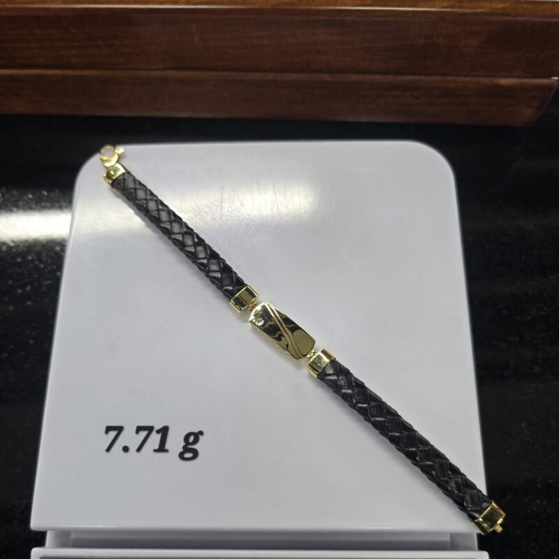 Black Braided Leather Gold Bracelet Slim