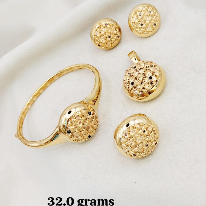 Gold Floral Jewelry Set (Bangle, Earrings, Ring & Pendant)